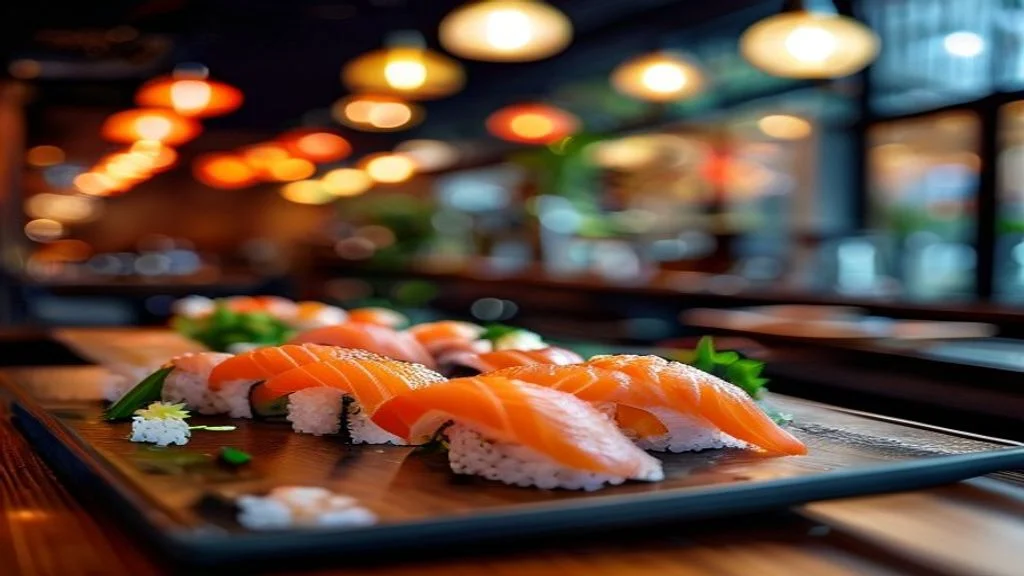 Exquisitely plated Oma-kase sushi on a minimalist dark stone slab, focus on glistening amberjack, softly blurred serene Japanese interior background.