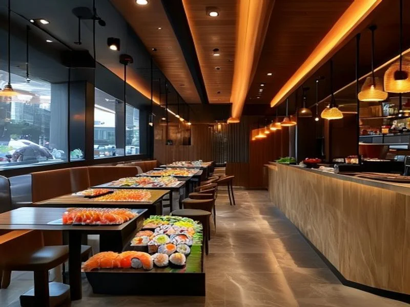 Serene, wide shot of an empty, elegantly set Japanese minimal dining table made of dark, polished wood, with a single ikebana floral arrangement and simple place settings.