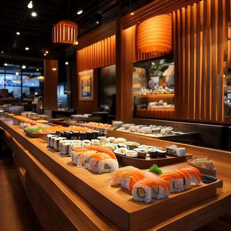 Close-up of a chef's hands using a sharp sushi knife to precisely slice a large, perfectly formed sushi roll, revealing intricate ingredients in sharp detail.