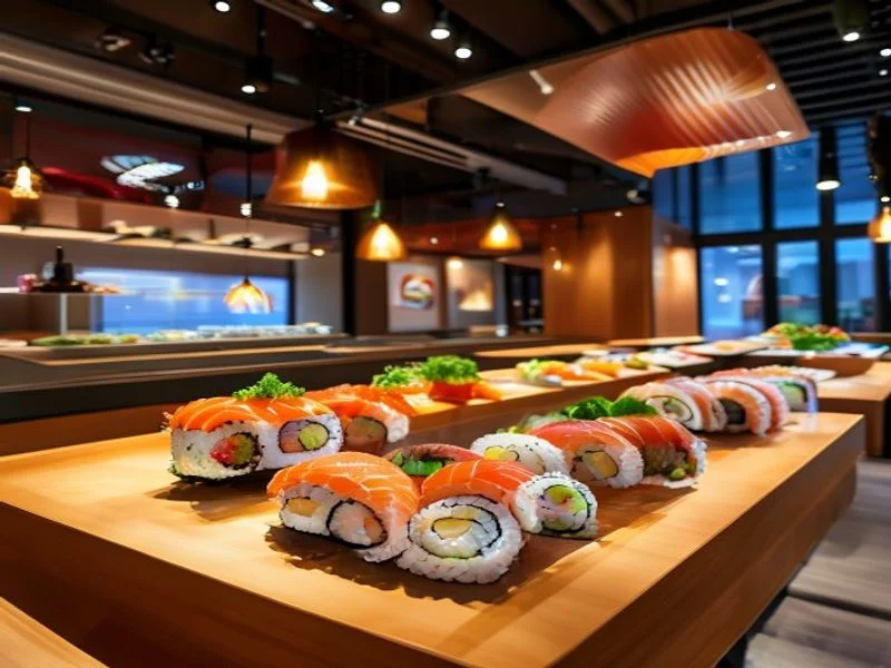Close-up of vibrant green, freshly grated wasabi swirl next to perfectly sliced ruby-red tuna fillet on a chilled ceramic plate with glistening water droplets.