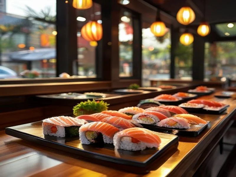 Overhead shot of a master sushi chef's hands, no face, delicately arranging multiple distinct Oma-kase sushi pieces on a sleek, dark minimalist serving counter.